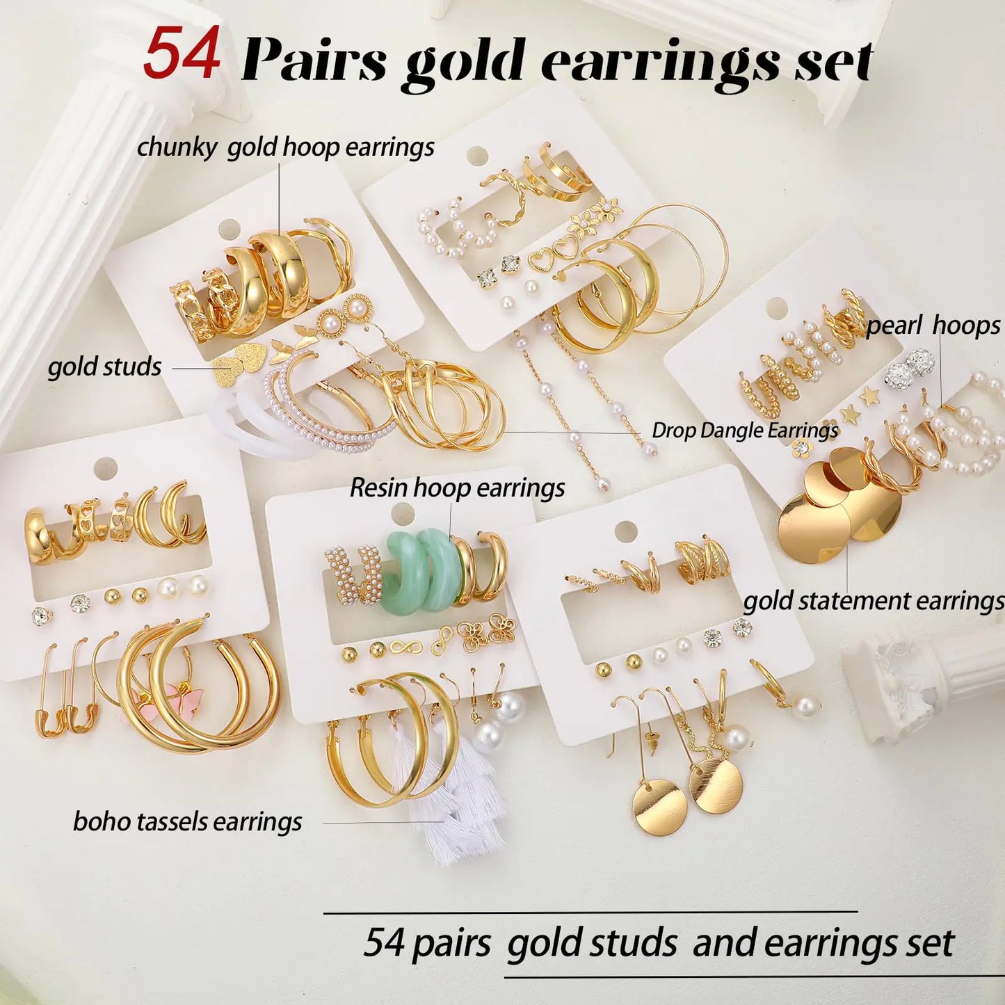 42 pairs gold hoop earrings set with pearl and twisted designs