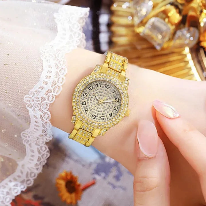 Elegant golden watch with matching jewelry set for women’s fashion and gifting

