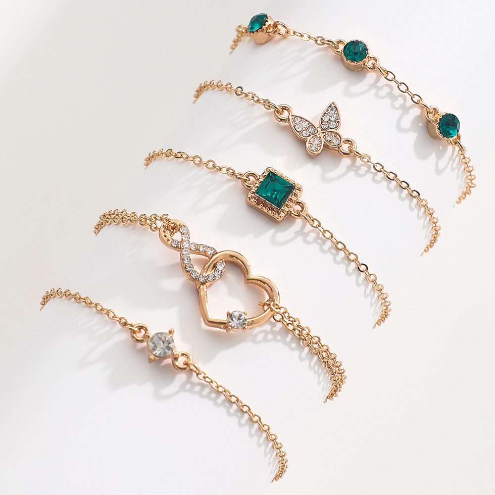 Women’s 5-piece bohemian green crystal bracelets with heart design