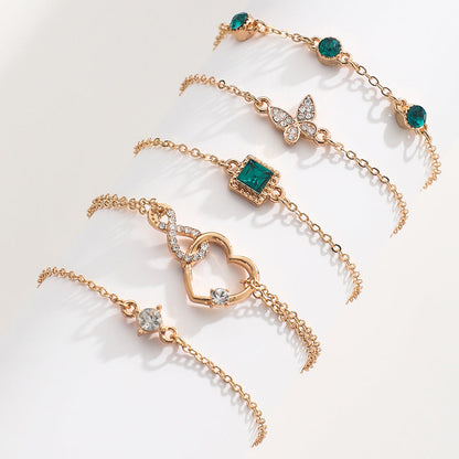 Women’s 5-piece bohemian green crystal bracelets with heart design