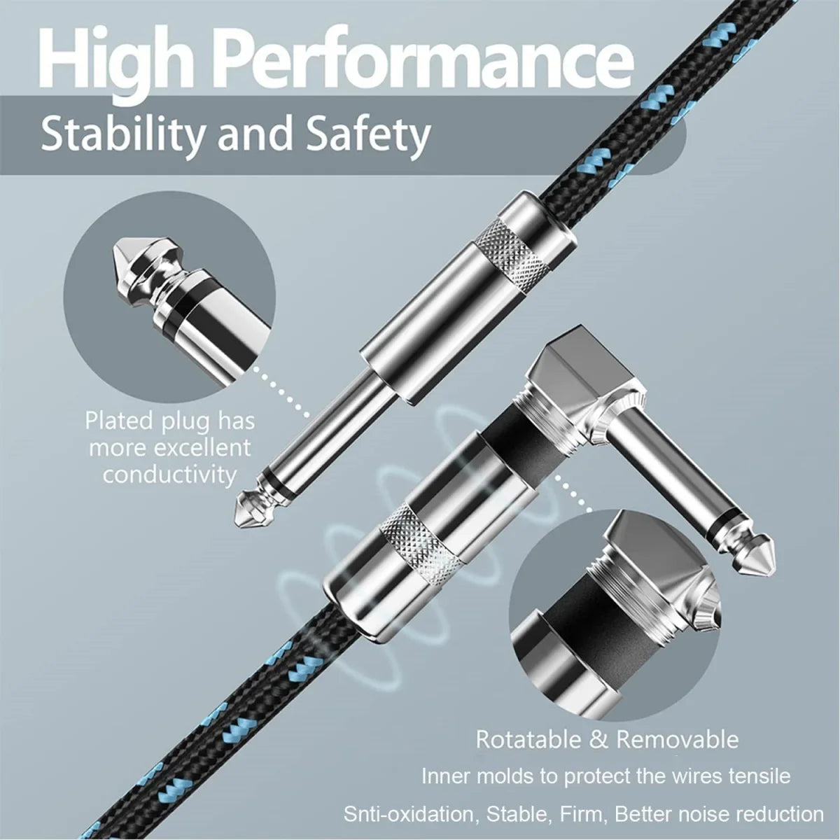Braided electric guitar cable with 1/4 ft jack 90 degree TS 6.5mm audio mono for bass and electric guitar


