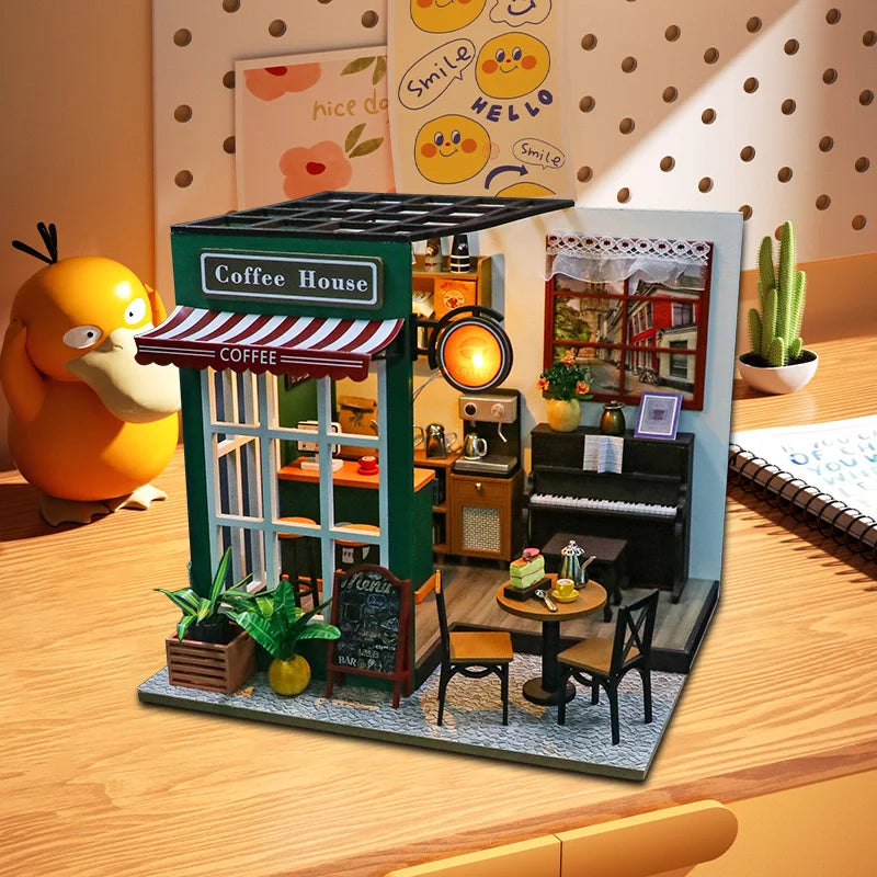 DIY 3D wooden dollhouse building kit with miniature furniture and lights

