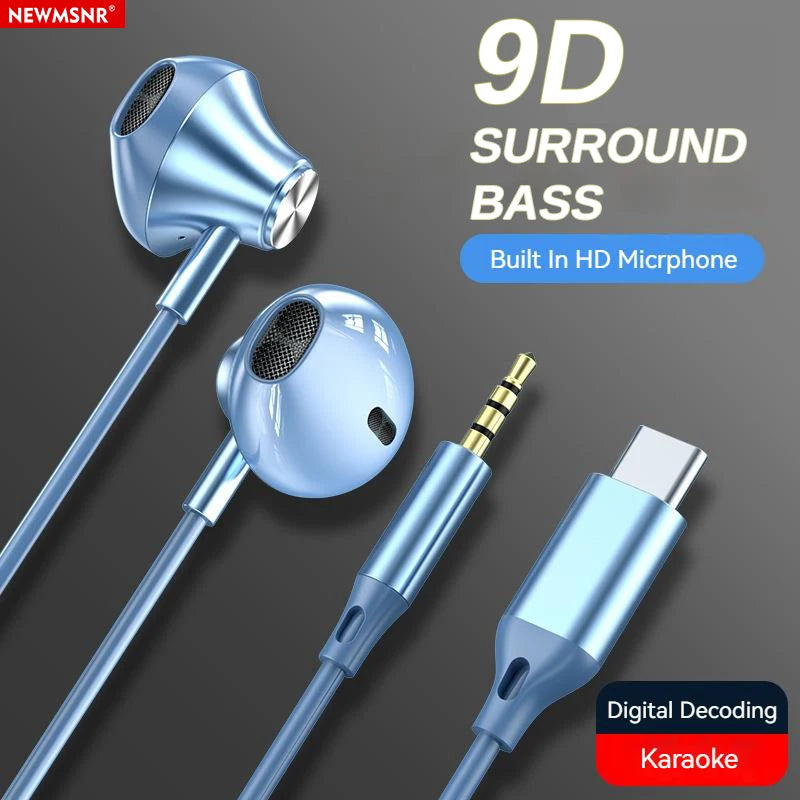 9D Stereo Type C&3.5mm Gaming Headsets with HiFi bass, waterproof in-ear design, and mic for handsfree calls and gaming