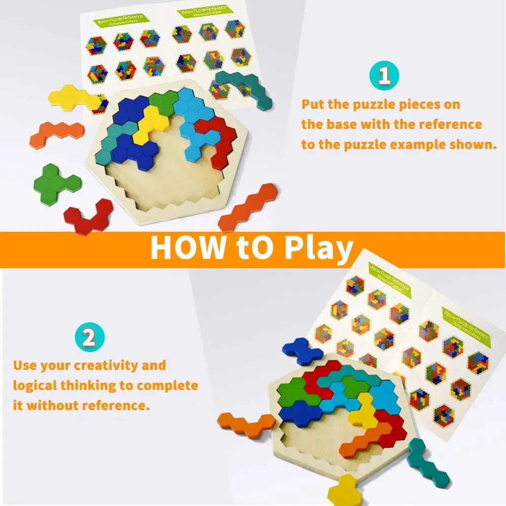 Montessori wooden puzzle for kids with hexagon tangram design

