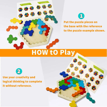 Montessori wooden puzzle for kids with hexagon tangram design

