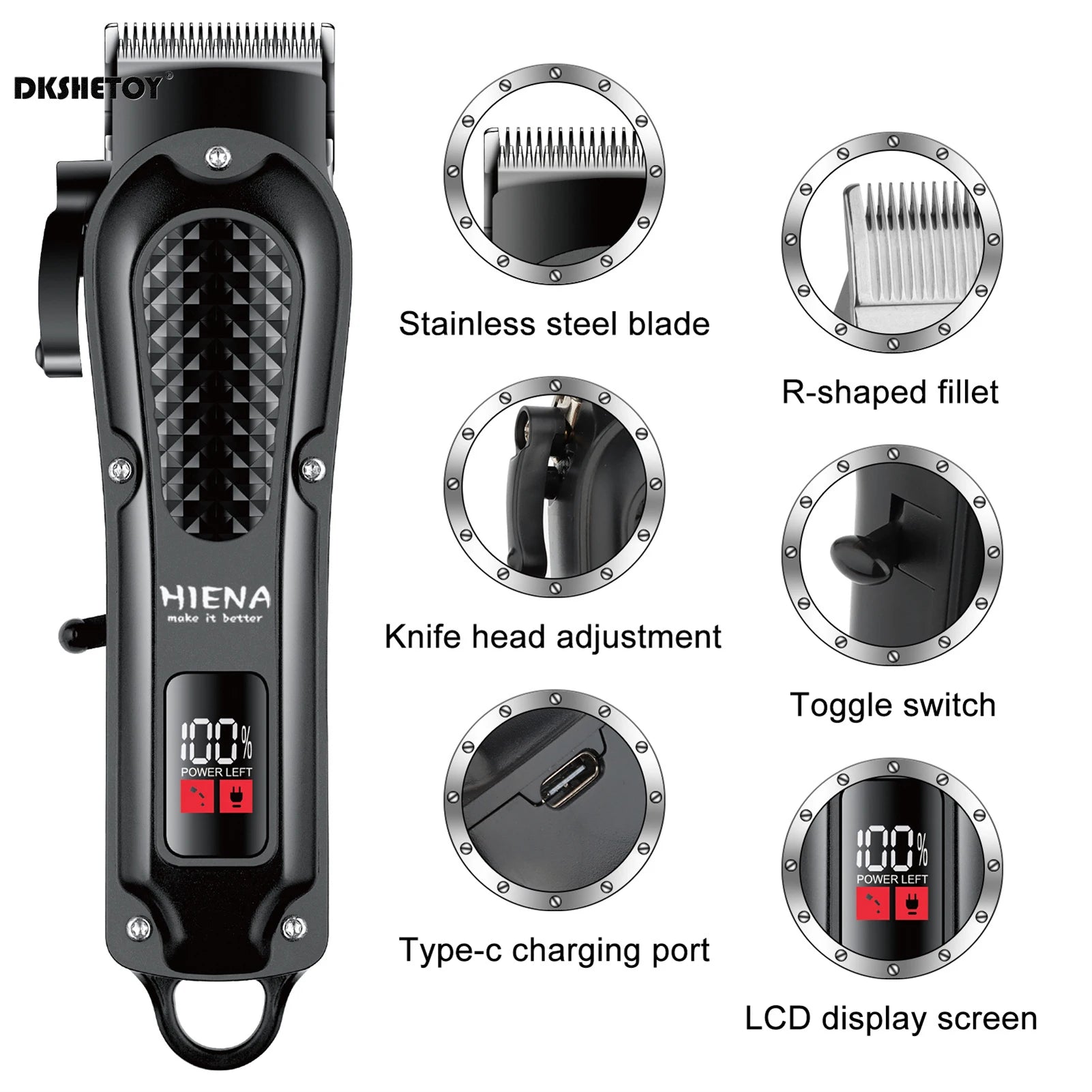 HIENA Electric Hair Clipper with USB charging and cordless beard trimming for wet and dry haircuts
