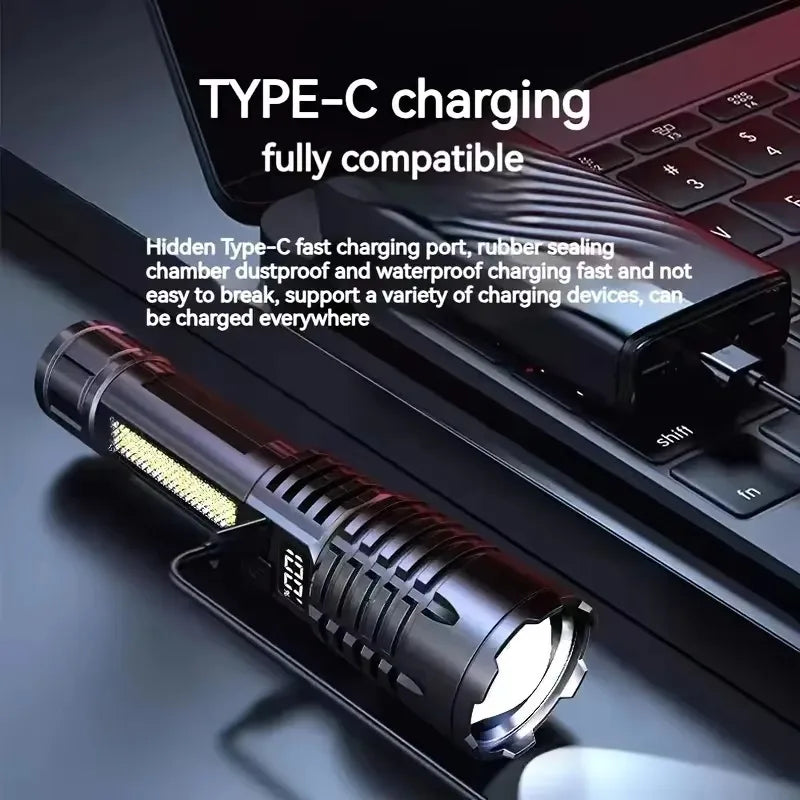 High Power LED Flashlight with COB Side Light and Type-C Rechargeable Battery for Outdoor Camping and Hiking