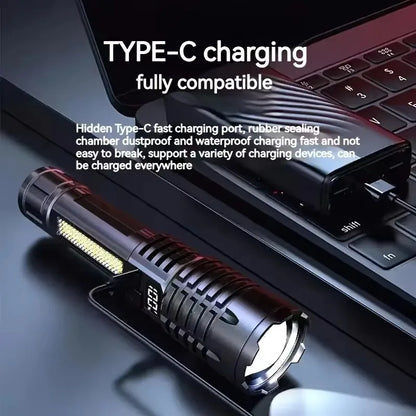 High Power LED Flashlight with COB Side Light and Type-C Rechargeable Battery for Outdoor Camping and Hiking