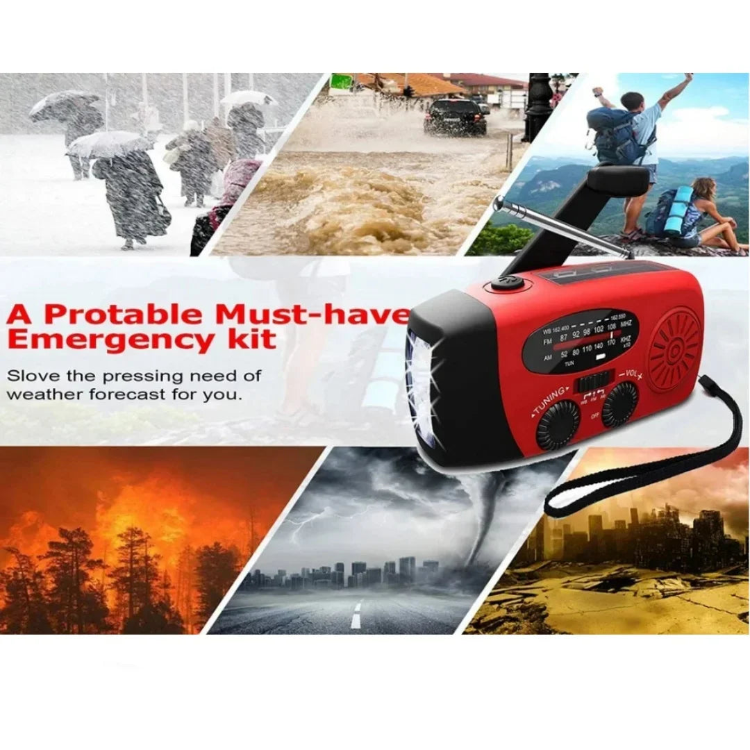 High-Power Outdoor Emergency Radio with Solar and Hand Crank Power, AM/FM Reception, and Disaster Prevention Features for Camping and Survival