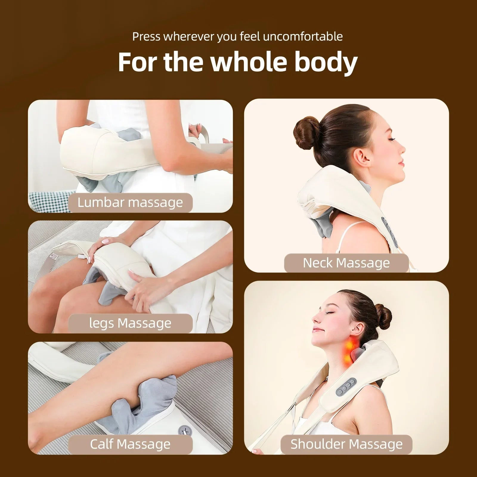 Woman using a portable back and neck massager at home for pain relief

