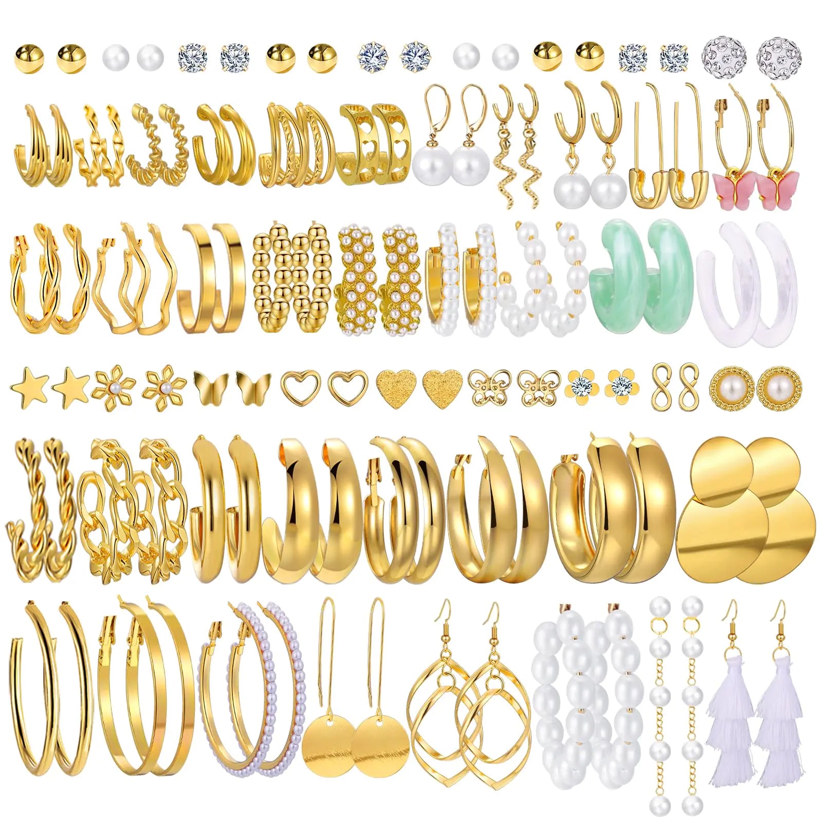 42 pairs gold hoop earrings set with pearl and twisted designs