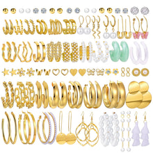 42 pairs gold hoop earrings set with pearl and twisted designs