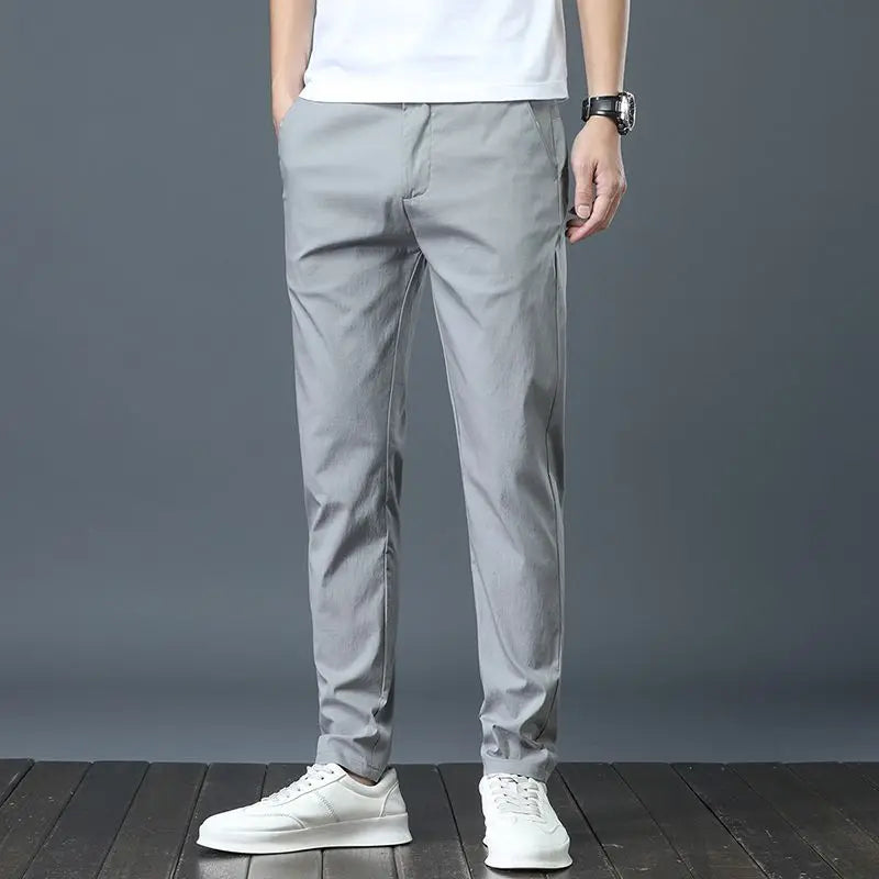 Ice Silk Men's Golf Pants in khaki and black with slim straight leg and breathable stretch fabric for casual sports comfort