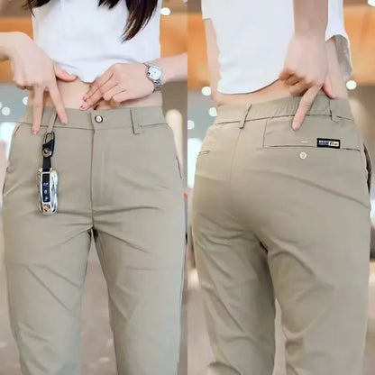 Ice Silk Men's Golf Pants in khaki and black with slim straight leg and breathable stretch fabric for casual sports comfort