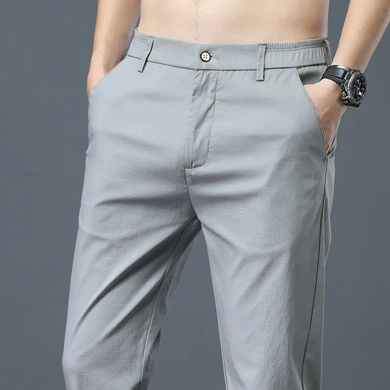 Ice Silk Men's Golf Pants in khaki and black with slim straight leg and breathable stretch fabric for casual sports comfort