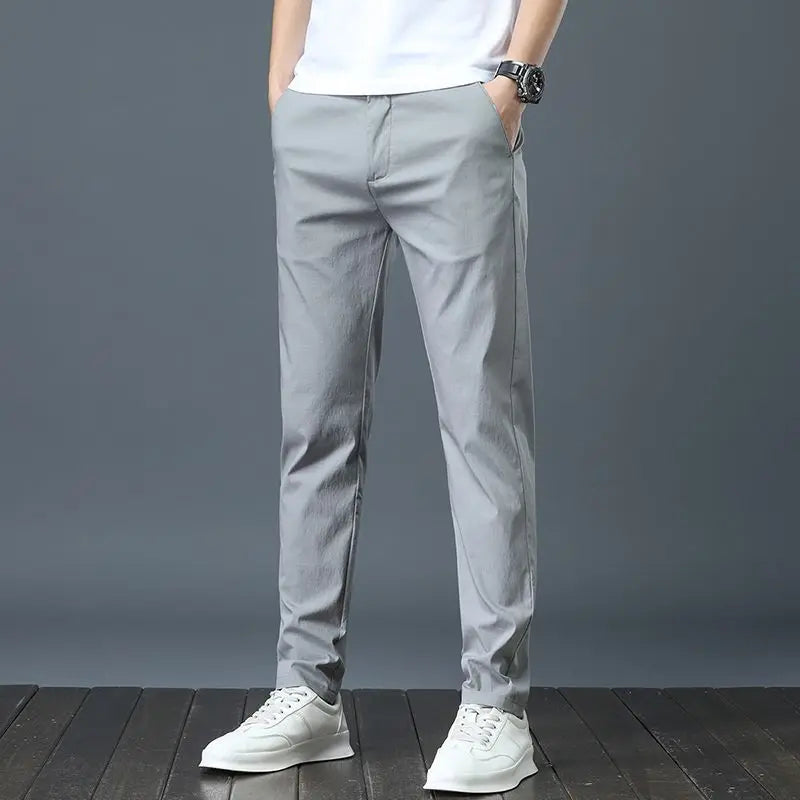 Ice Silk Men's Golf Pants in khaki and black with slim straight leg and breathable stretch fabric for casual sports comfort