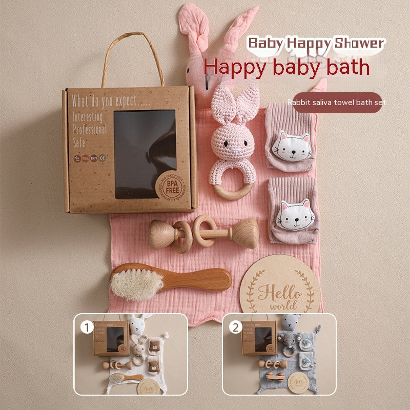 Infant bath towel gift set with rabbit toy and baby rattle for newborns

