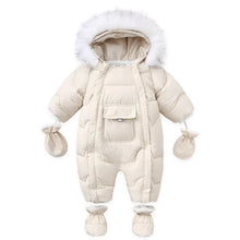 Baby winter down jumpsuit with hood for cold and snowproof outdoor wear

