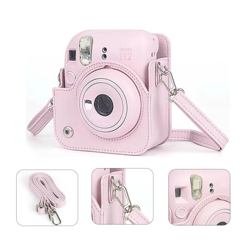 PU leather Instax Mini 12 camera case with shoulder strap for travel and protection

