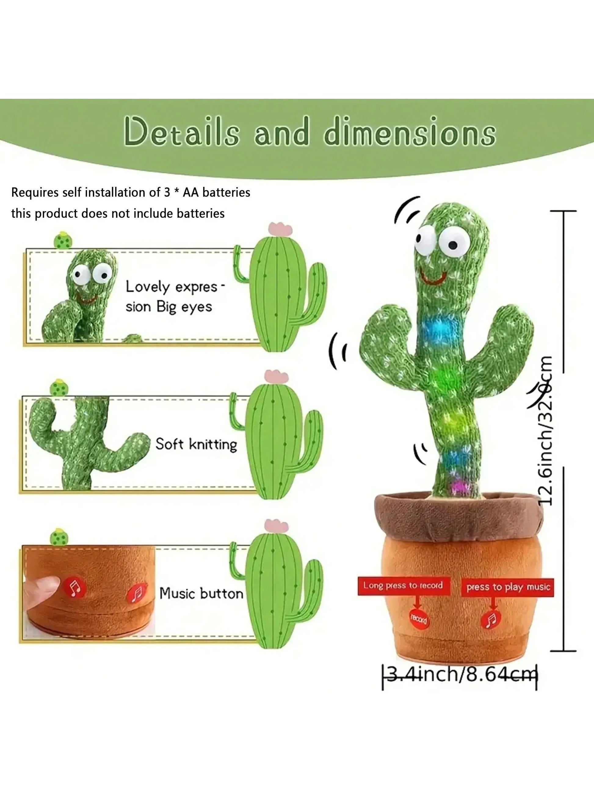 Dancing talking cactus toy that mimics speech and plays music for kids

