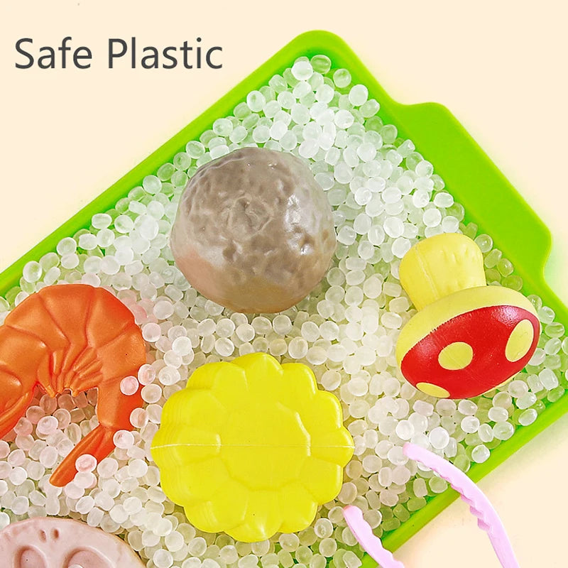 Kids pretend play kitchen toys set with food, grill, and cooking tools

