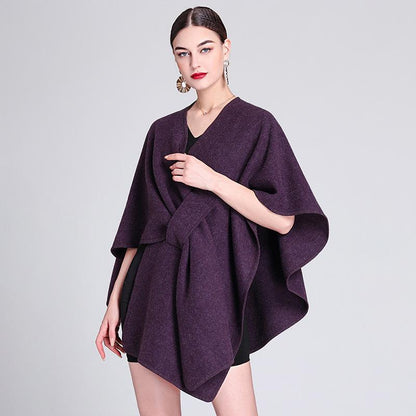 Casual Wool Blend Poncho Coat in Solid Color for Women