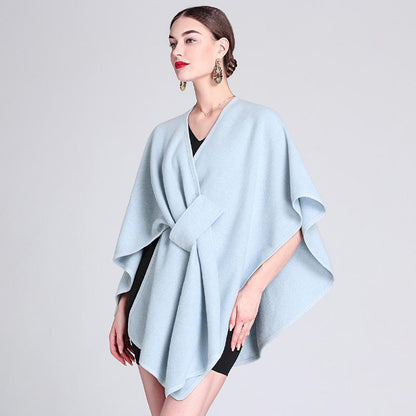 Casual Wool Blend Poncho Coat in Solid Color for Women