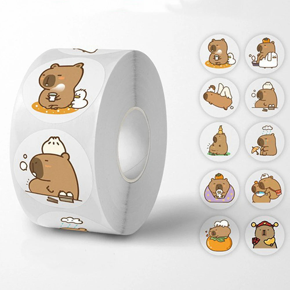 A roll of stickers featuring cute capybara illustrations in various playful poses, with a selection of the sticker designs displayed next to it.