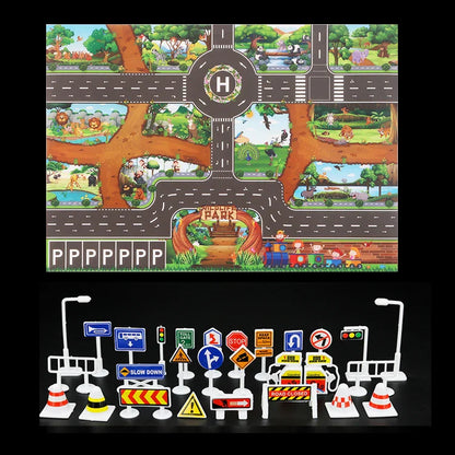 Toddler playing on a city-themed traffic road play mat with toy cars

