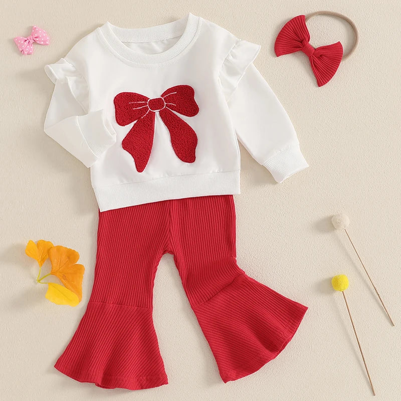 Girls red bow bellbottom outfit for toddlers and kids on white background

