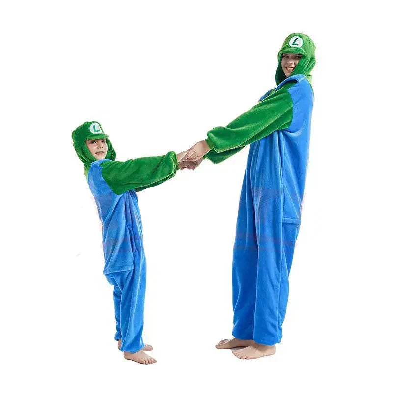 Mario or Luigi cosplay onesie costume for kids and adults with hood


