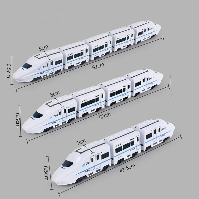 Electric train toy for kids with DIY track, lights, and sound effects

