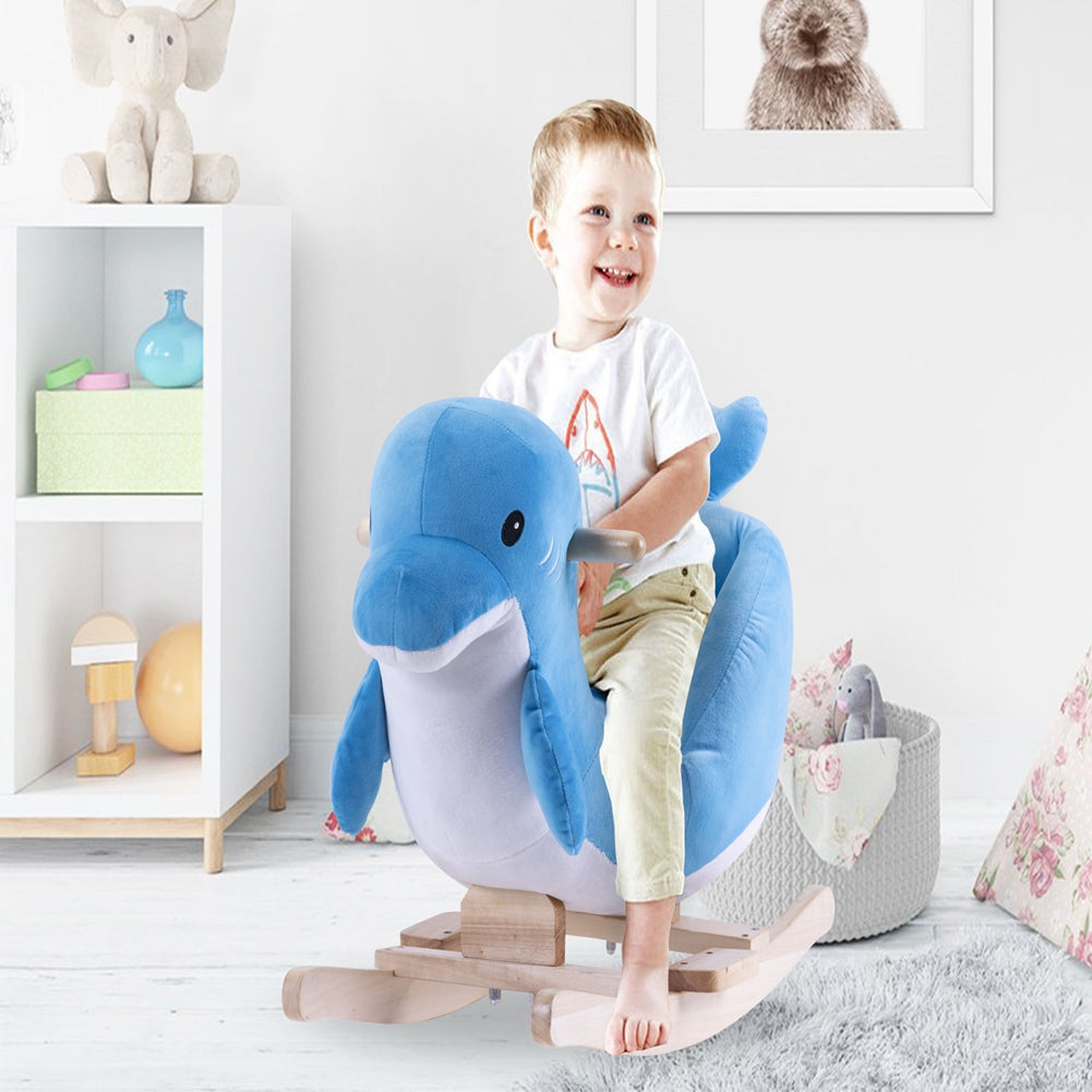 Plush rocking horse toy for kids with soft seat and sturdy wooden rocker

