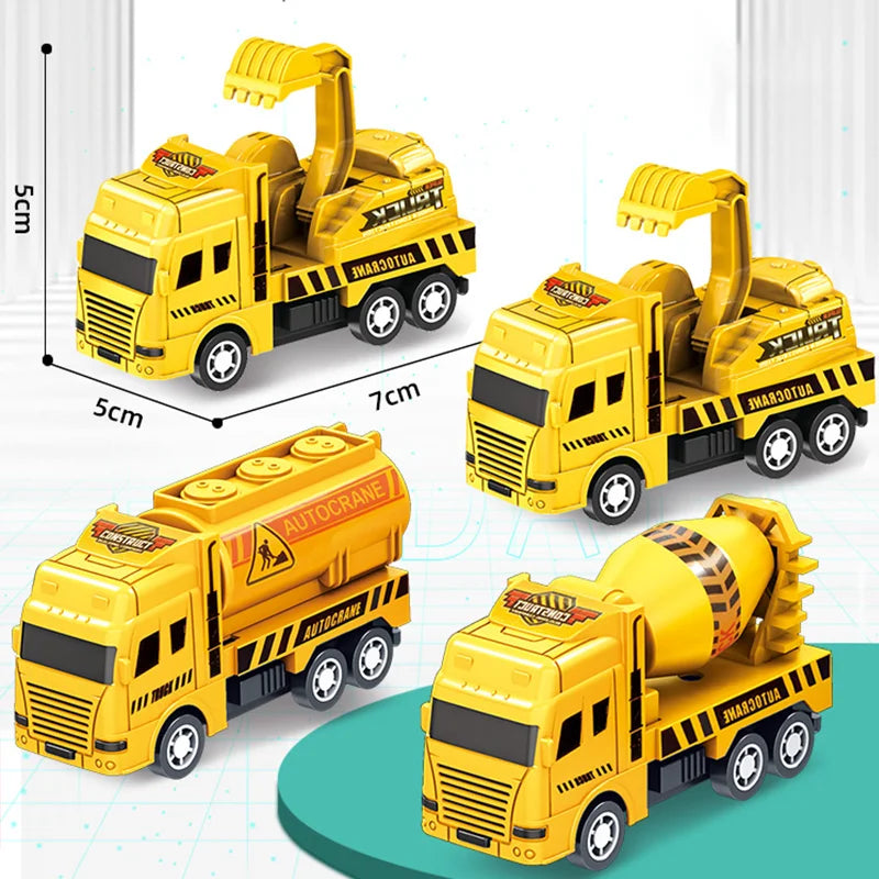 Set of colorful pull back toy cars for kids with engineering vehicle design

