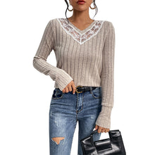 Women's slim fit lace V-neck t-shirt with patchwork texture and sunken stripe knitted design