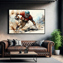 Rugby canvas painting with vibrant sports design and wooden frame