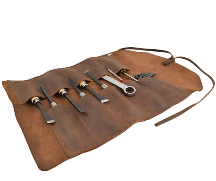 handmade leather tool roll organizer for wrench and repair tool storage