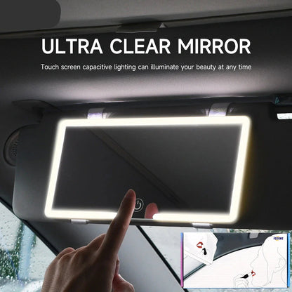 Woman using LED visor vanity mirror in car for makeup

