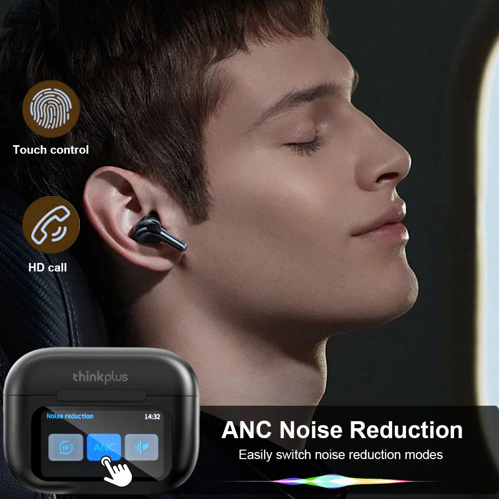 Thinkplus Wireless Bluetooth Earphones with ANC noise reduction, HD mic, LED touch screen, and gaming headset features