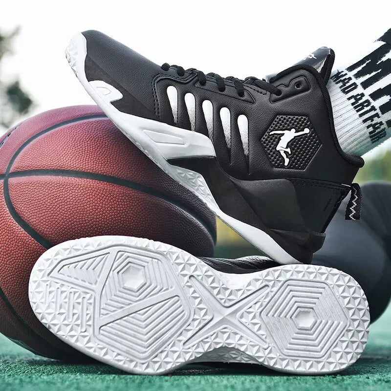 Side view of men's lightweight basketball shoes in black and red

