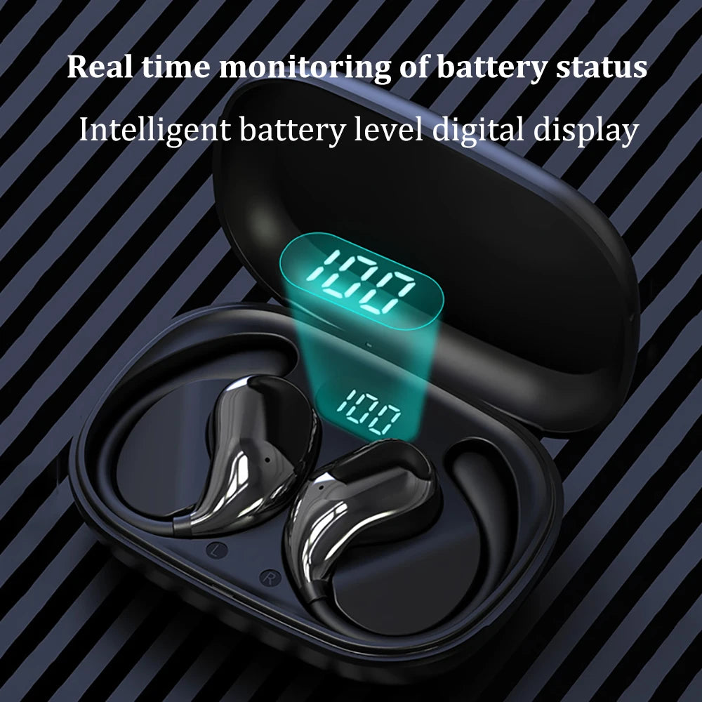 Bluetooth 5.4 Ear Hook Headphones with TWS wireless tech, HiFi stereo sound, waterproof design, LED display, and long standby touch earbuds