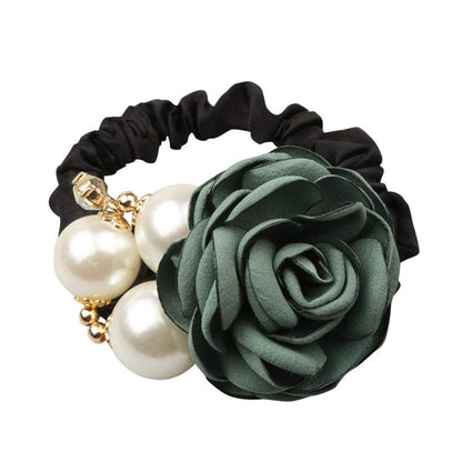 LOVEF Korean fashion pearl hair rope with rose flower and rhinestone accents