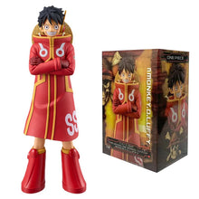 "Straw Hat crew action figures from One Piece Egghead Arc featuring Luffy, Zoro, Nami, Sanji, and more in futuristic outfits."

