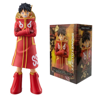 "Straw Hat crew action figures from One Piece Egghead Arc featuring Luffy, Zoro, Nami, Sanji, and more in futuristic outfits."

