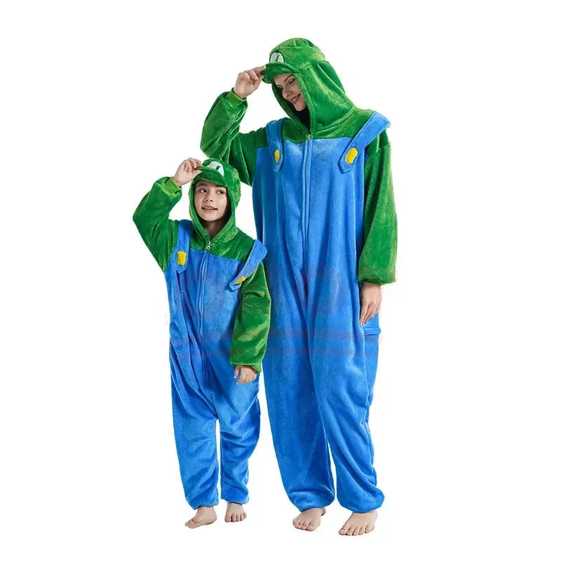Mario or Luigi cosplay onesie costume for kids and adults with hood

