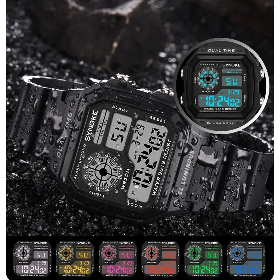 Digital sports watch with waterproof design and 7-color LED lights

