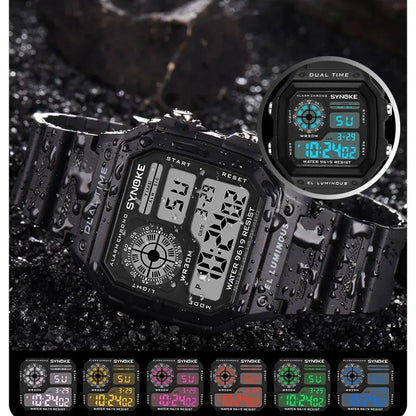 Digital sports watch with waterproof design and 7-color LED lights

