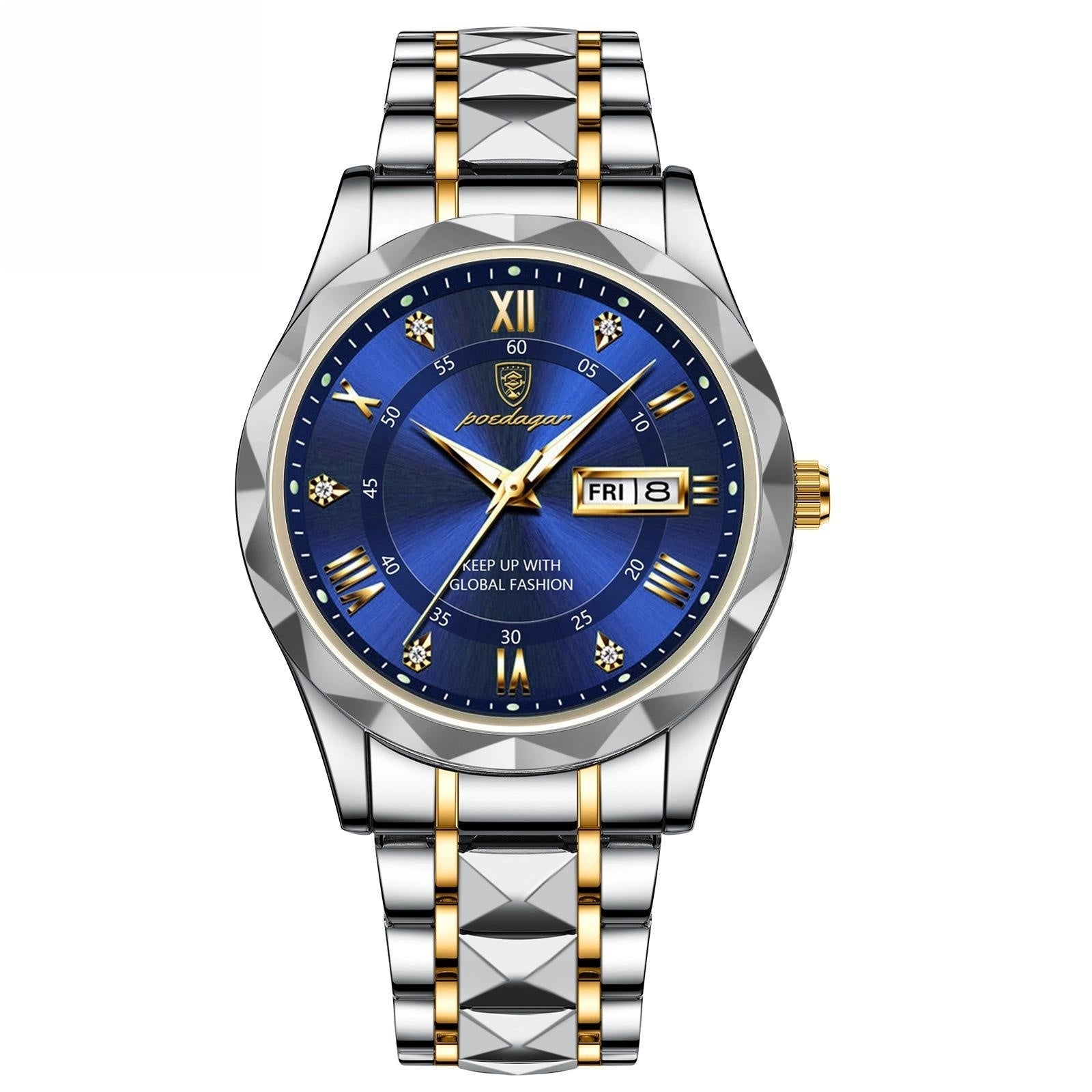 Men's waterproof quartz watch with luminous dial and dual calendar feature

