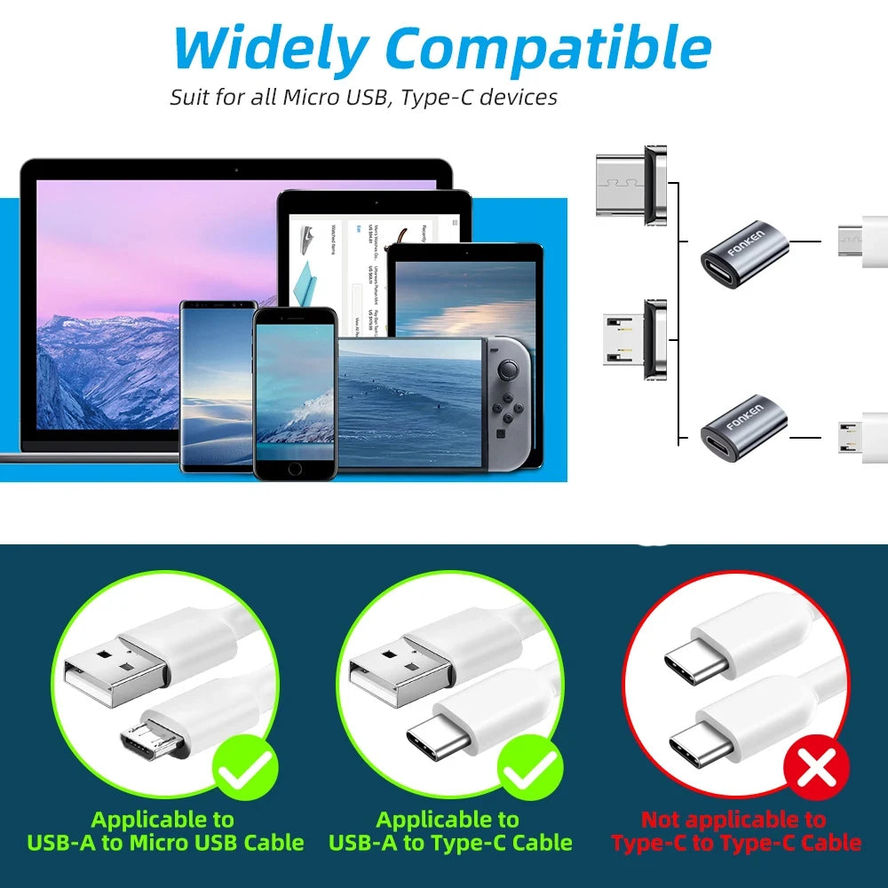 Magnetic cable connector mobile phone adapter with Micro USB and Type C tips