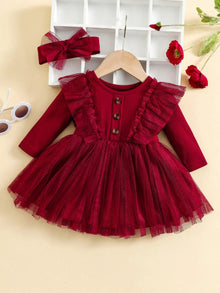 Two-Piece Baby Girl Outfit – Ruffled Mesh Dress & Bow Headscarf